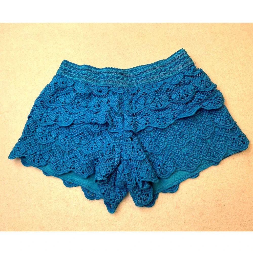 Justice Girls Teal Blue Crochet Lace Tiered Shorts Size 7 Elastic Waist Lined